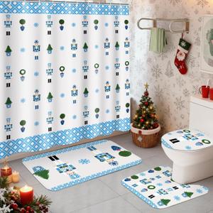 4 Pcs Blue and White Christmas Nutcracker Shower Curtain Set Waterproof Chinoiserie Nutcracker Bathroom Curtain, Non Slip Rug Toilet Lid Cover Bath Mat 12 Hooks for Xmas Holiday Bathroom Decor 72x72''