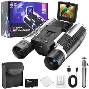 12x32 Binoculars for Adults, Digital Binoculars with Camera 5MP Photo Full HD Video 2" LCD Display Screen with 32GB Micro SD Card for Bird Watching Hunting Football Concerts Theatre (Silver)
