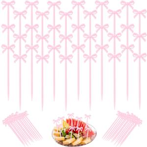 100 Pcs Fruit Fork Pink Cocktail Picks Party Food Sticks Bow Cocktail Picks Cocktail Sticks Bows Decor Bow Design Dessert Picks Suitable For Halloween Party, Wedding Banquets, Christmas Party