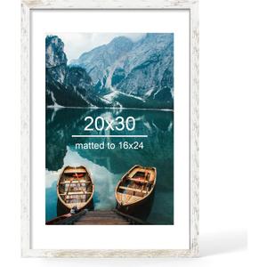 Hongkee 20x30 Frame, Distressed White Wood Style - Display Posters 16 x 24 with Mat or 20x30 without Mat, Wall Mounting Horizontal and Vertical, 1 Pack