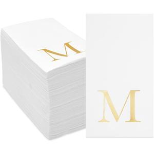 Sparkle and Bash 100 Pack Gold Foil Initial Letter M White Monogram Paper Napkins for Wedding Reception, Table Decorations (4 x 8 In)