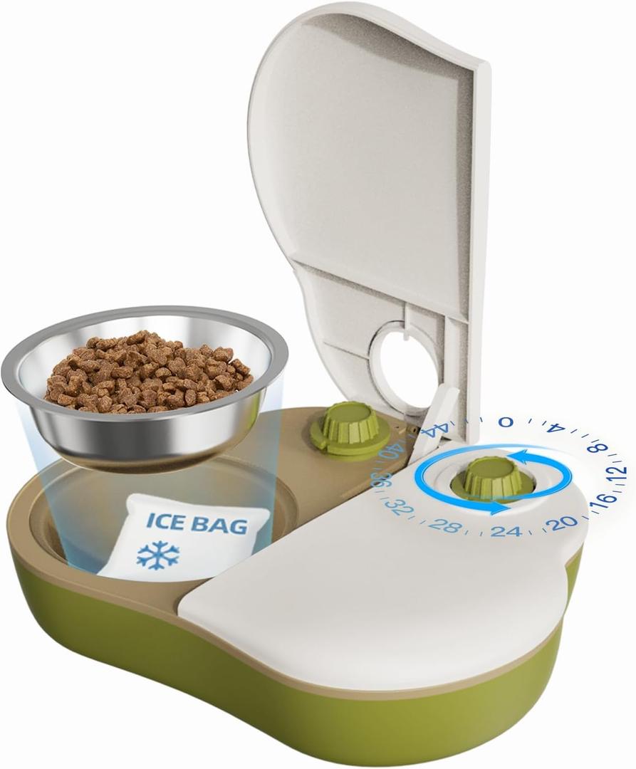 Plike 2-Meal Automatic Pet Feeder, 48H Timed Wet Food Refrigerated Dispenser, Includes 2 Ice Packs and Stainless Steel Pet Bowl, Ideal for Wet Food, Yogurt & Canned Meals  for Cats & Small Dogs