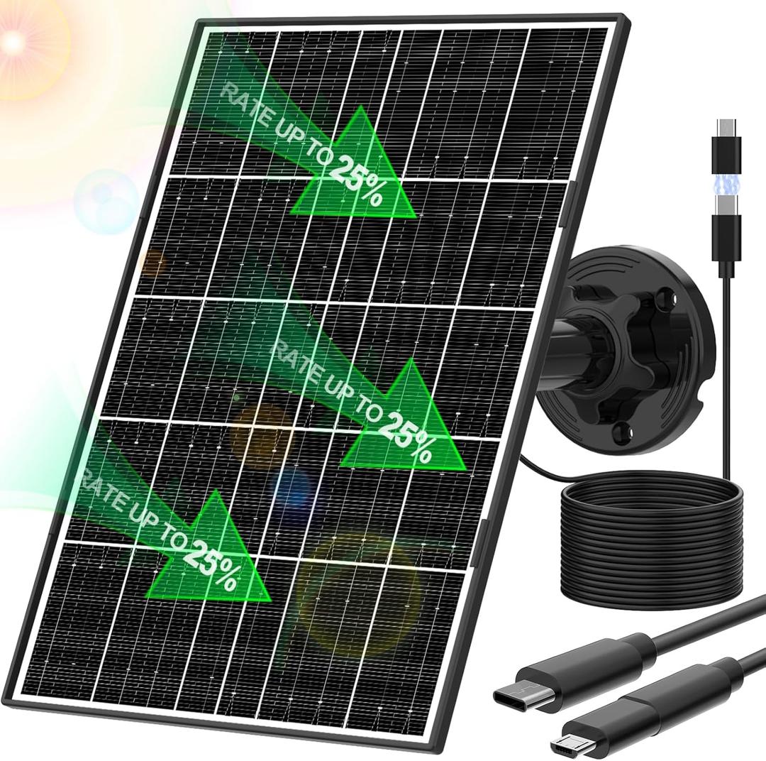 8W Solar Panel for Security Camera, Micro USB & USB-C Port Security Camera Solar Panel, IP65 Waterproof & 10FT Cable & High Solar Conversion Rate Solar Panels for Built-in Rechargeable Battery Cameras 1 Pack