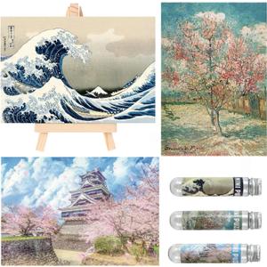 Small Jigsaw Puzzles for Adults 150 Pieces Mini Jigsaw Puzzles Challenging Castle Ukiyoe Sea Wave Tiny 6 x 4 Inches, 3 Pcs,Mini Easel Included