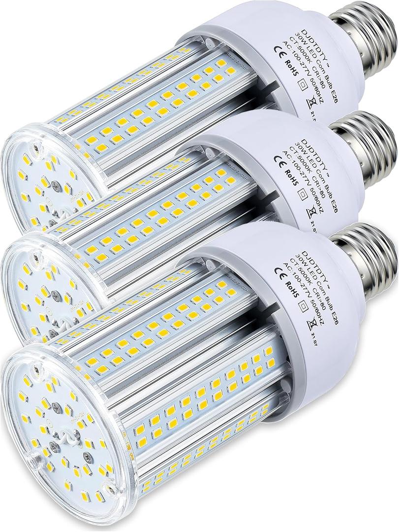 3-Pack is More economical, LED Corn Light Bulb 5000 Lumen 5000K 30W Large Area Cool Daylight White E26 Medium Base for Outdoor Indoor Garage Warehouse Factory Workshop Street Backyard