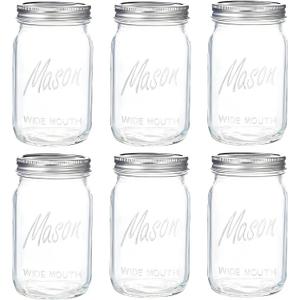 WELLIFE Wide Mouth Mason Jars, 6 Pack Mason Jars 32 oz for Pickling, Canning, Fermenting and Food Storage, Microwave & Dishwasher Safe