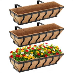 Railing Planter Boxes, Heavy Duty Window Box Planters, Adjustable Balcony Planters for Railing Hanging, with Coco Liner & Support Rod for Deck, Porch, and Patio Gardening (3 Pack, 24 Inch)
