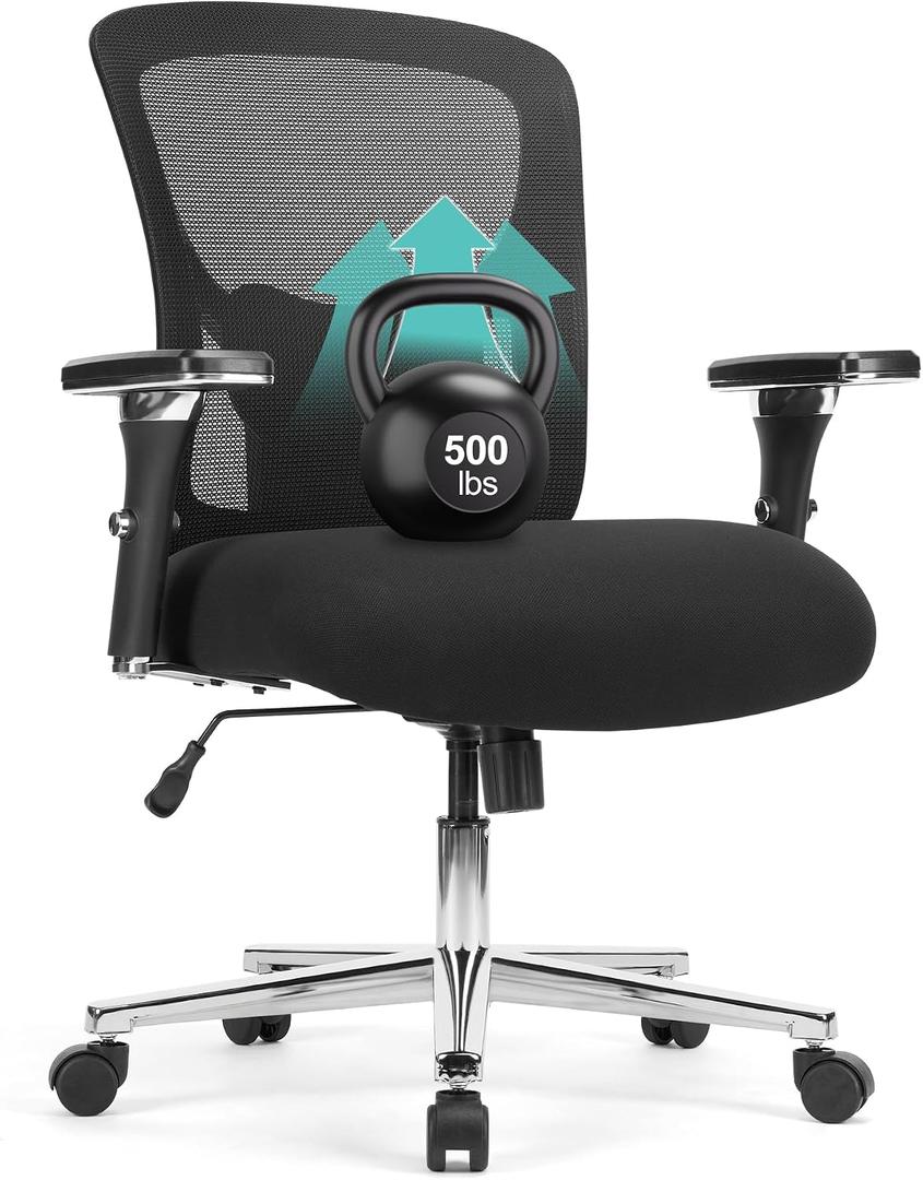 Big and Tall Office Chair 500LBS, Heavy Duty Ergonomic Computer Desk Chair Mesh Executive Task Chair with Adjustable Lumbar Support Wide Comfy Seat and 4D Armrests for Home Office, Black, 27 inches x 27 inches x 42.3 inches