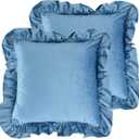 Velvet Ruffle Throw Pillow Covers Couch, Set of 2 Decorative Pillowcases with Ruffles 18x18 Inch Solid Color Shabby Chic Farmhouse Cushion Cover for Living Room Sofa Bed
