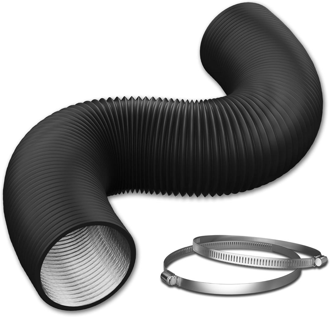 8 Inch Flexible Ducting Hose 16 Feet Black Aluminum Ducting -4 Layer Protection Dryer Vent Hose for HVAC Heating Cooling Ventilation and Exhaust, 2 Clamps Included