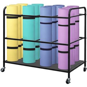 Yoga Mat Rack Storage Basket with Wheels,All-in-One Organizer for Yoga Mat Holder,Home Gym Equipment Storage Cart for Dumbbells, Kettlebells and Foam Rollers