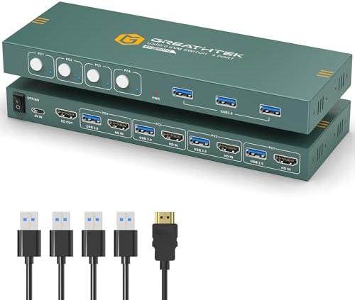 USB3.0 KVM Switch HDMI 4K@60Hz for 4 Computers Share 1 Monitor, KVM Switch 4 Port with 3 USB 3.0 Ports Share Keyboard Mouse, Support Button Switch, Plug and Play