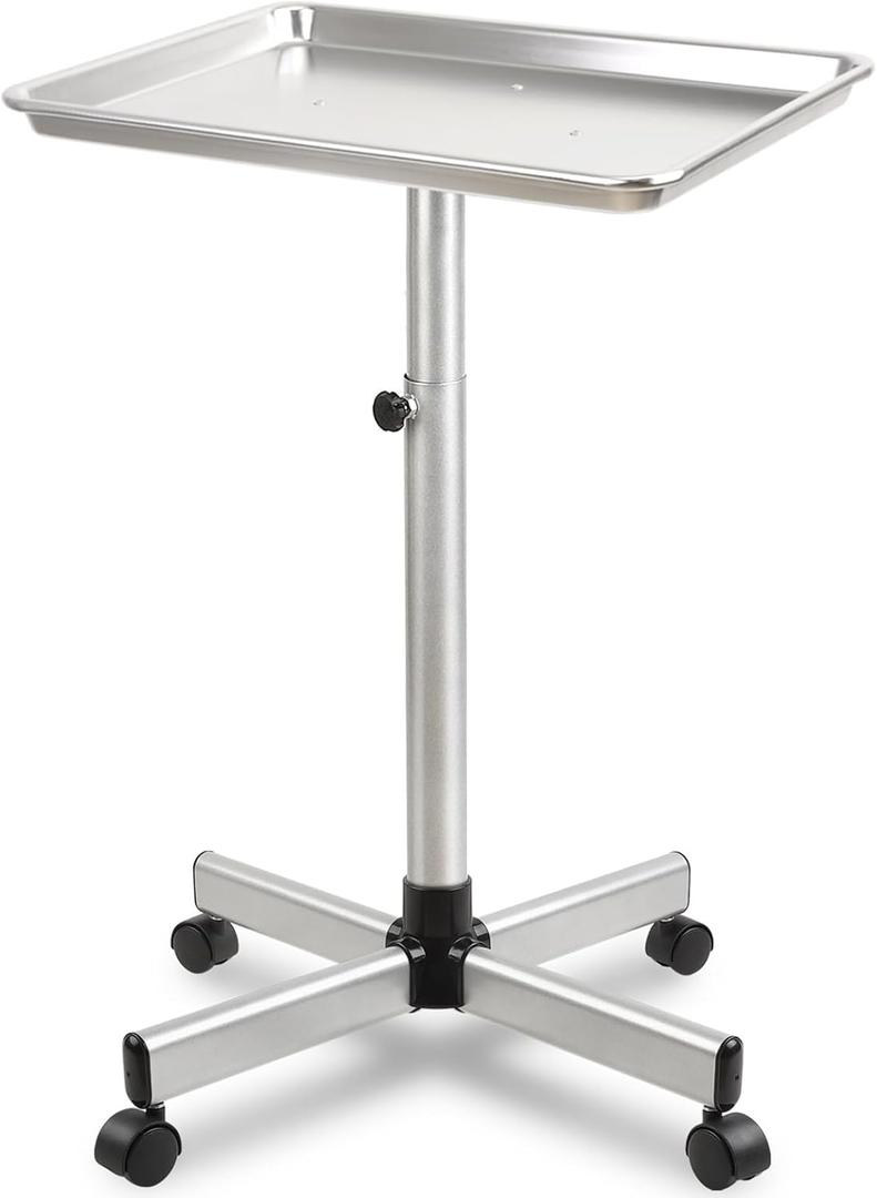 Salon Tray, Salon Color Tray with Adjustable Height, Salon Tray on Wheels, Salon Rolling Tray, Ideal Use As Tattoo TrayDental Tray (Silver)