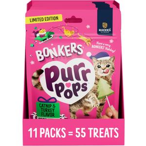 Bonkers Purrpops Christmas Themed Freeze Dried Chicken Flavor Lollipop Cat Treats for All Breeds and Ages, Value Pack (11 Pack, 55 Pieces)(Exp: January 2, 2027)