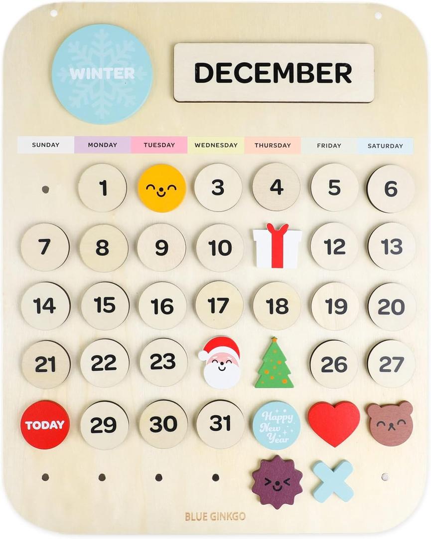 Blue Ginkgo Wooden Kids Calendar  Perpetual Montessori Learning Calendar to Learn Seasons, Months, and Days of the Week (15.5 x 12.5 Inches)