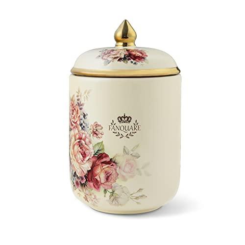 Fanquare Porcelain Tea Canister, Normal Size Ceramic Jar, Vintage Gold Floral Countertop Container for Sugar, Tea, Coffee