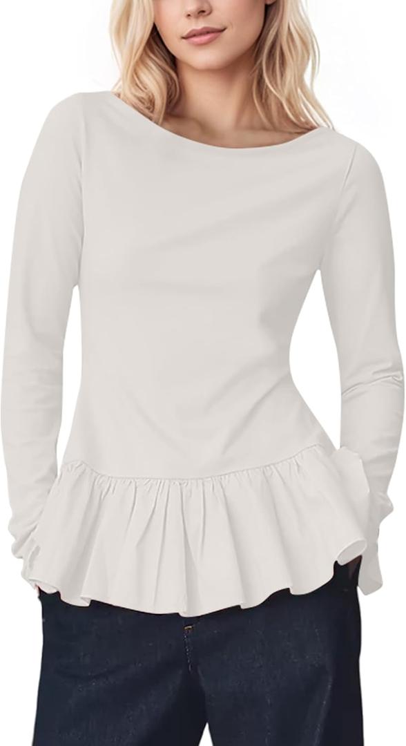 Womens Long Sleeve Peplum Tops Cute Ruffle Flowy Babydoll Shirts Fall Casual Pleated Crew Neck Tunic Tees (White)