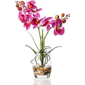 Jusdreen 1 Pcs Glass Vase Artificial Orchid Flower Bonsai Vivid Phalaenopsis Flowers Potting for Home Office Décor, Table Centerpiece Room Decorations 14.5"(Glass Vase/Purple Orchid)