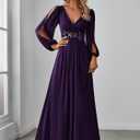 Ever-Pretty Women's V Neck Long Lantern Sleeves Floor Length Ruched Chiffon A-Line Formal Evening Dress 00461 (Purple, XXL)