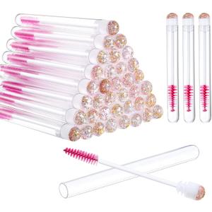 80 Pieces Disposable Mascara Brushes Tubes Set, 40 Pieces Empty Mascara Wand Tube with 40 Pieces Eyelash Brush Makeup Tool for Eyelash Extension(Pink Gold Sequins Style)