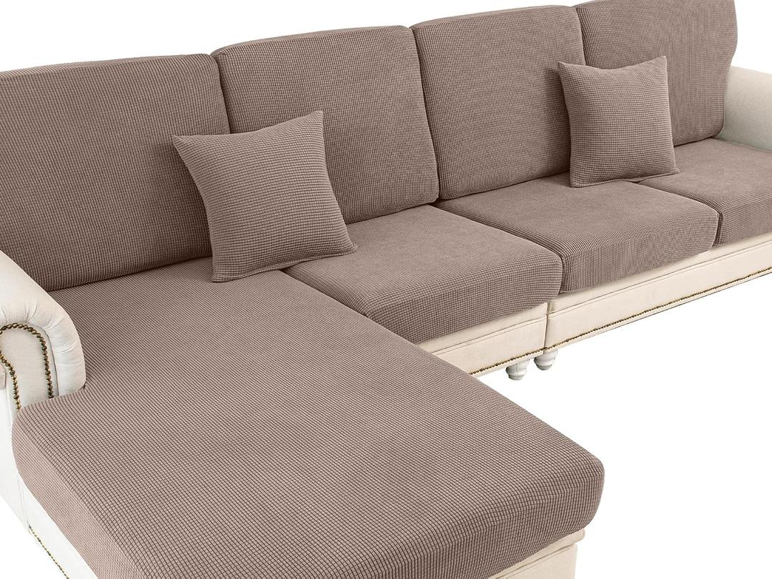 LA MEACK Couch Cushion Covers for Sectional Sofa L Shape Washable Separate Seat Chaise Couch Cover Stretch Sofa Slipcovers with 2 Pcs Pillowcases(3 Seater + 1 Chaise, Khaki)