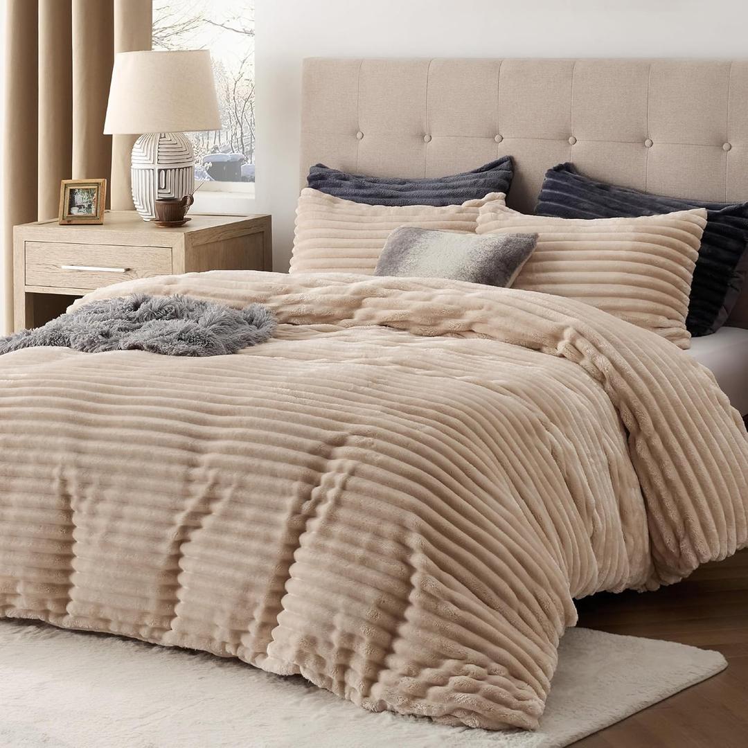 Bedsure Fluffy Duvet Cover Set - Ultra Soft Plush Shaggy Comforter Cover King Size, Warm Flannel Fleece Bed Sets for Winter, 3 Pieces (Striped Pattern, Taupe) (King (104" x 90"), Taupe (No Comforter))