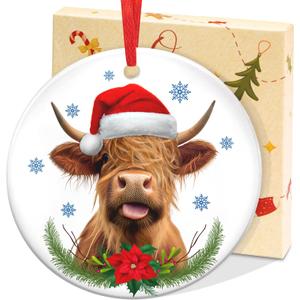 OASSIE Highland Cow Christmas Ornaments Gifts for Women Men - Ceramic Ornaments 2025 for Tree Decorations - Cow Ornament for Farmhouse Decorations, Hanging Ornament for Rustic Tree, Farm Animal Gifts