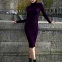v28 Women Stretchable Knitted Long Sleeve Slim Fitted Ribbed Soft Sweater Dress (Purple, M)