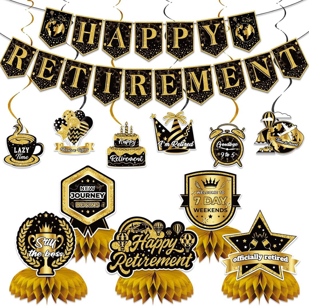 12Pcs Retirement Party Decorations for Men Women Black Gold Happy Retirement Banner Honeycomb Centerpiece Swirls Party Supplies Retired Farewell Party Set Work Graduation Party Decorations 12Pcs Retirement Party Decorations for Men Women Black Gold Happy Retirement Banner Honeycomb Centerpiece Swirls Party Supplies Retired Farewell Party Set Work Graduation Party Decorations