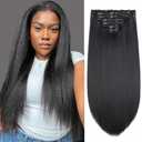 Kinky Straight Clip in Hair Extensions for Black Women Full Head Yaki Straight Clip Ins Synthetic Hair Extensions 14 Inch 7pcs/set Natural Black120 Gram/with 16 Clips