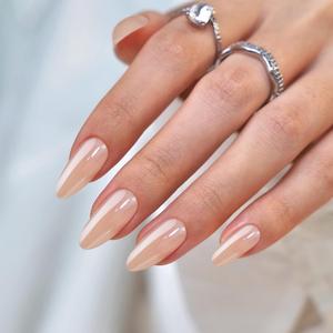 BTArtbox Press on Nails Almond Medium Soft Gel Chrome Nails, Light Weight & Fit Perfectly, Natural Fake Nail with Nail Glue, Nude Glue On Nails in 15 Sizes - 30 Nail Kit, Champagne Glazed