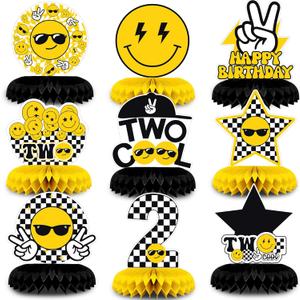 NANAGALI 9 Pcs Two Cool Honeycomb Centerpiece Two Cool Birthday Party Decorations - Happy Face 2nd Table Toppers Centerpieces Birthday Party favors