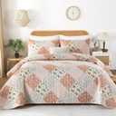 Dinjoy Pink Quilt Set Queen Size, Reversible Floral Plaid Patchwork Pattern Bedding Set Soft Microfiber Lightweight Bedspread Coverlet 3 Piece Spring Summer Use (90x96 inches)