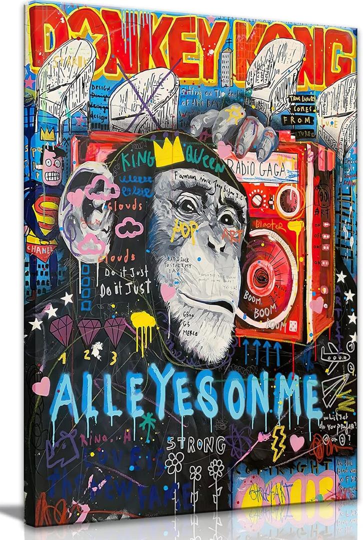 Framed Banksy Graffiti Canvas Wall Art Monkey All Eyes On Me posters prints Image Paintings wall decor Pop Art Street Gorilla Contemporary Artwork for Living Room16"Wx24"H (40x60cm) Ready To Hang