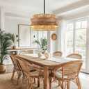 19.7" Hand-Woven Rattan Chandelier for Dining Room, 4-Light Boho Farmhouse Adjustable Hanging Light Fixture for Kitchen Island Living Room Bedroom Hallway