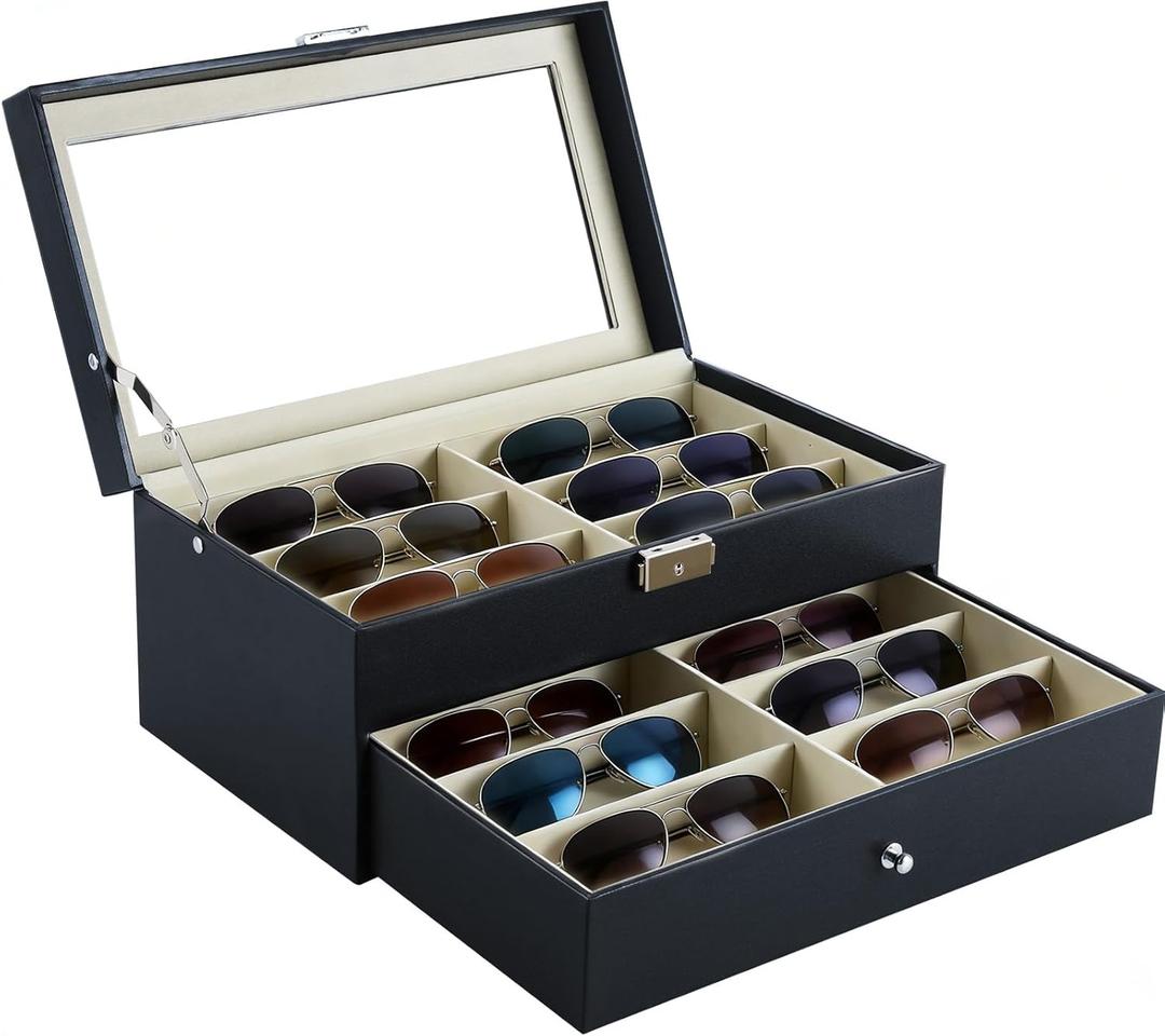 12 Slot Sunglasses Organizer, Lockable Leather Multi Eyeglasses Organizer with Drawers, Eyeglass Frames with Clear Glass Covers for Watch Jewelry Collection, Black