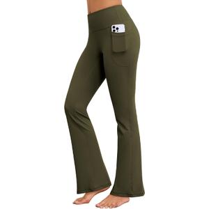 Flare Yoga Pants for Women with Pockets, High Waist Flared Leggings | No Front Seam,Opaque Coverage,Soft Stretch Fabric,Tummy Control,Two Side Pockets for Workouts (Green, L)