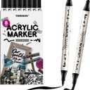 TRANSON 8 Pack Black Brush and Bold Dual-tip Acrylic Paint Marker for DIY Glass Canvas Wood Leather Ceramic Rock Painting