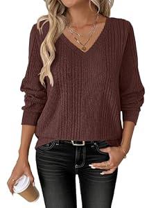 ANRABESS Womens V Neck Sweaters 2025 Fall Long Sleeve Shirts Lightweight Ribbed Knit Basic Casual Office Work Tunic Tops Deep Brown X-Large