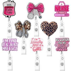 8 Pcs Cute Badge Reel Retractable for Nurses, Funny Pink Badge Reels with Alligator Clip, Glitter ID Badge Holder for Nurse Doctor Office Gifts (8pcs-Pink/Leopard Print)