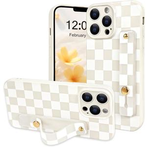 NITITOP Compatible with iPhone 13 Pro Case with Wrist Strap Kickstand Cute Trendy Checkerboard Plaid for Women Girls Slim Fit TPU Silicone Shockproof Full Camera Protective Cover - White