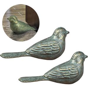 Door Stopper Security Floor Decorative Cute Bird Heavy Duty Cast Iron Door Stop, 2 Pack Door Stops Wedge Antique Gold-Green