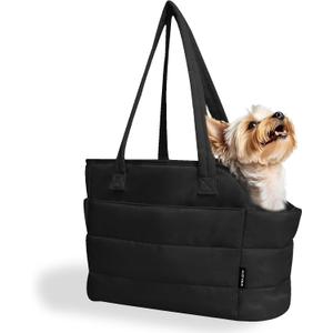 Lightweight Dog Purse Carrier for Small Dogs Under 15 lbs, Puffy Quilted Pet Carrier Tote for Puppies with Safety Leash Clip, Women's Hands-Free Dog Carrier Bag for Travel/Shopping (Black)