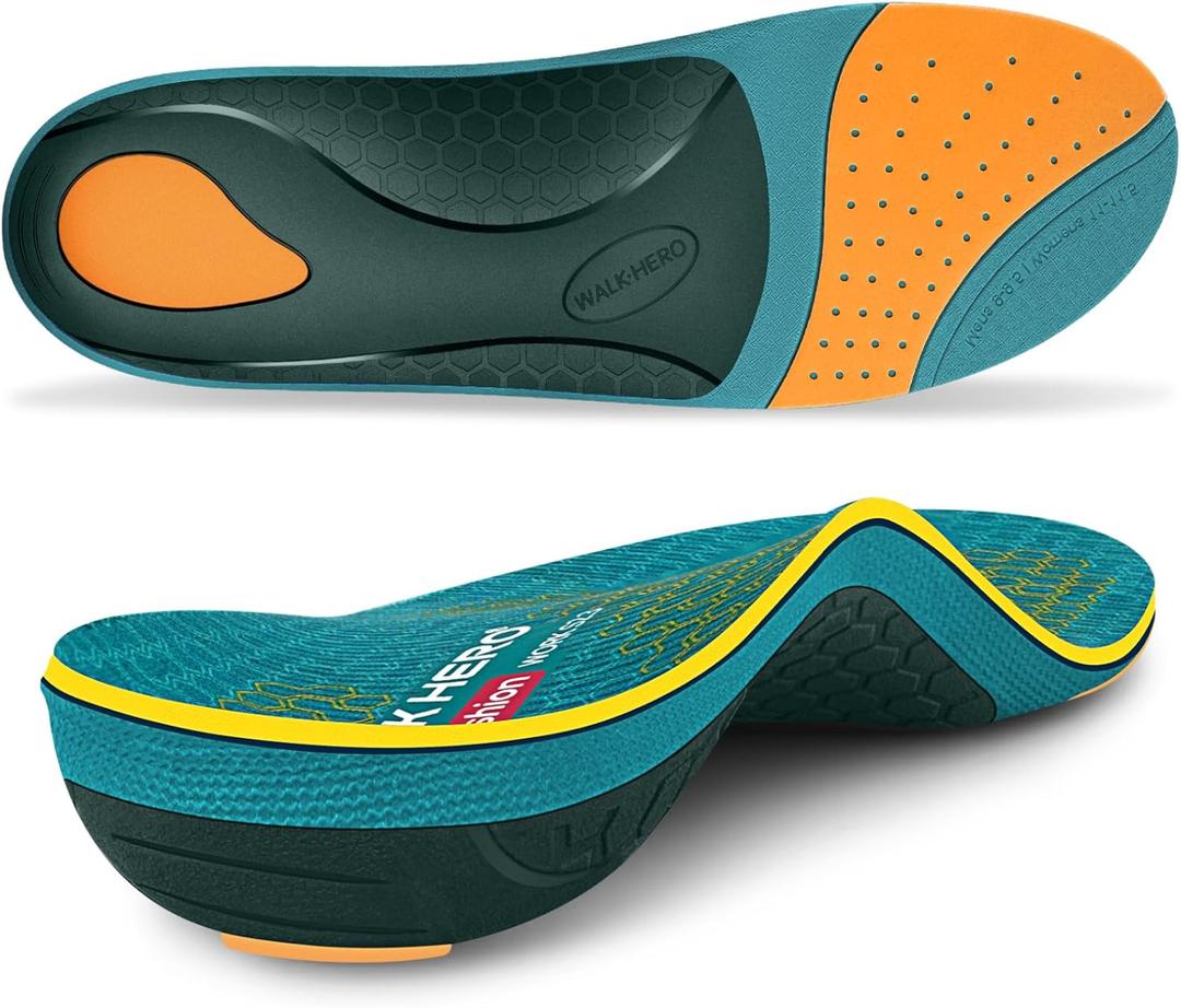 WalkHero Work Orthotic Inserts,220+lbs Plantar Fasciitis Insoles for Men Women,Arch Support Inserts for Heel Pain Relief,Boot Insoles with Max Cushion,Standing All Day Mens 5-5.5 | Womens 7-7.5 (Mineral Green)
