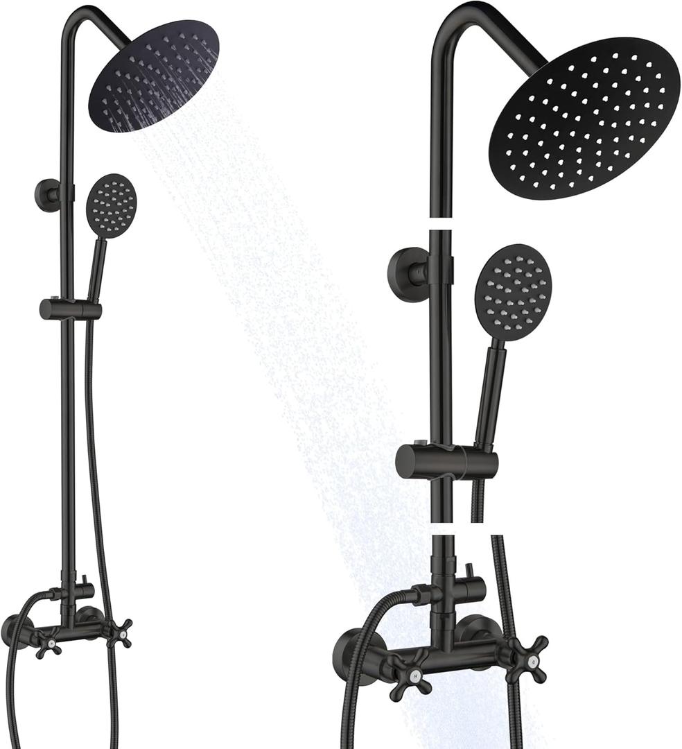 Matte Black Outdoor Shower Kit, 2 Handle 8 Inch Round Rain Shower Head Outdoor Shower Fixtures Faucet System with High Pressure Handheld Spray, Wall Mounted 