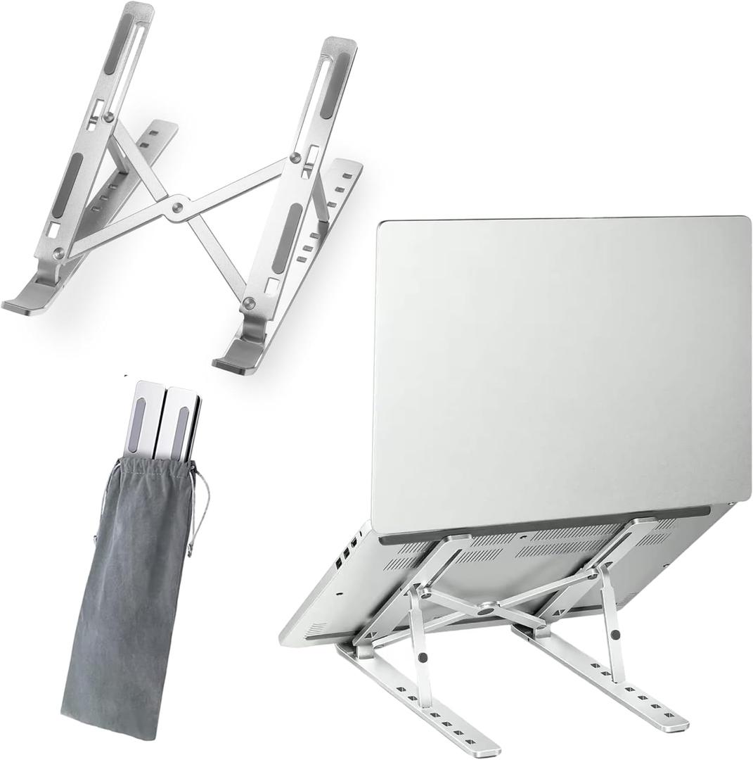 FlexElevate 7-Level Adjustable Laptop Stand, Silver Color, Carbon Steel Ergonomic Riser for Desk, Compatible with 9''-17.3'' Laptops, Portable & Sturdy Holder