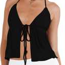 RUEWEY Women Y2K Backless Crop Top Vintage Sexy Tie Up Halter Deep V Neck Spaghetti Strap Cami Top Streetwear (Small), A-black