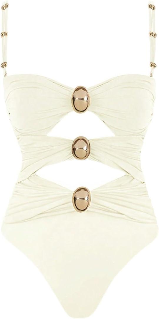 QJQ Women's One Piece Swimsuit Tummy Control Cut Out Color Block Adjustable Straps Slimming Bathing Suit (X-Large, White)