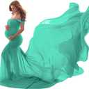 Women Maternity Dress for Photography Mermaid Off Shoulder Slim Fitted Chiffon Gown Flowy Baby Shower Maxi Photo Props Dress (One Size, Green)