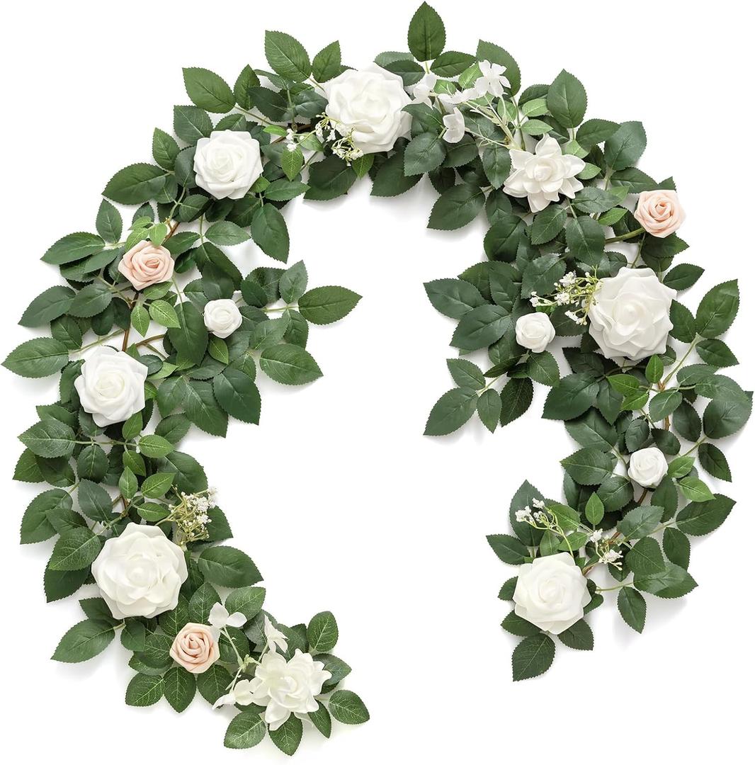 Ling's Moment 5FT White Artificial Flower Garland Fake Rose Green Leaves Floral Garland Arch Flowers Vine for Wedding Party Backdrop Decor Mantel Home Table Centerpieces Window Decorations